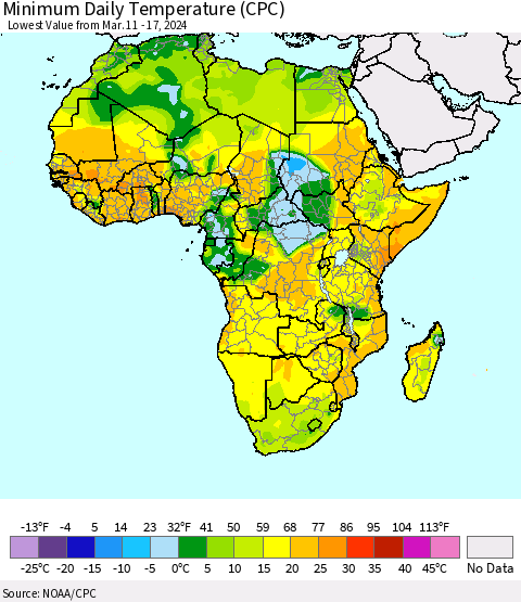 Africa Minimum Daily Temperature (CPC) Thematic Map For 3/11/2024 - 3/17/2024