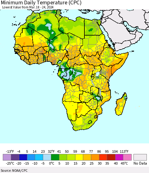Africa Minimum Daily Temperature (CPC) Thematic Map For 3/18/2024 - 3/24/2024