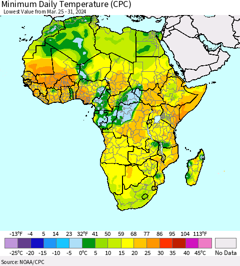 Africa Minimum Daily Temperature (CPC) Thematic Map For 3/25/2024 - 3/31/2024