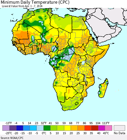 Africa Minimum Daily Temperature (CPC) Thematic Map For 4/1/2024 - 4/7/2024