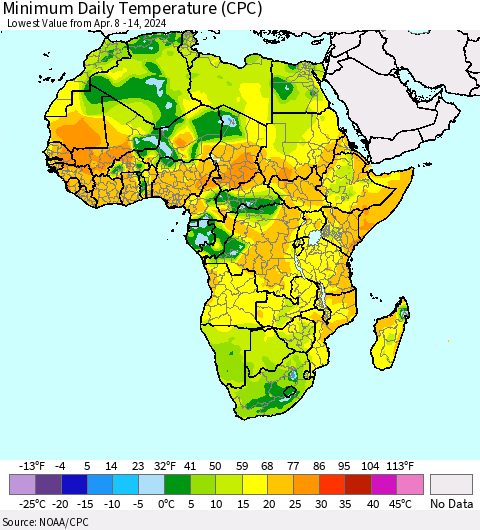 Africa Minimum Daily Temperature (CPC) Thematic Map For 4/8/2024 - 4/14/2024