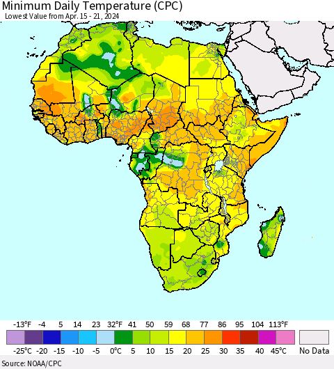 Africa Minimum Daily Temperature (CPC) Thematic Map For 4/15/2024 - 4/21/2024