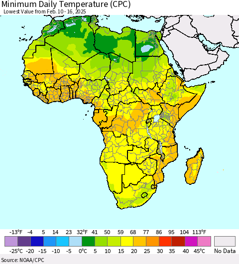 Africa Minimum Daily Temperature (CPC) Thematic Map For 2/10/2025 - 2/16/2025