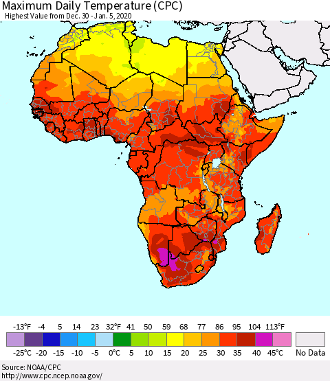 Africa Maximum Daily Temperature (CPC) Thematic Map For 12/30/2019 - 1/5/2020