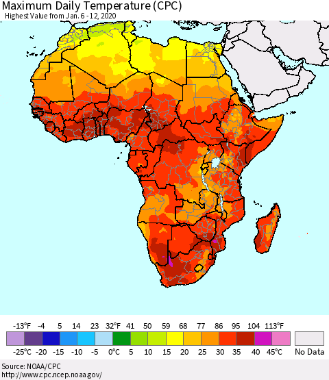 Africa Maximum Daily Temperature (CPC) Thematic Map For 1/6/2020 - 1/12/2020