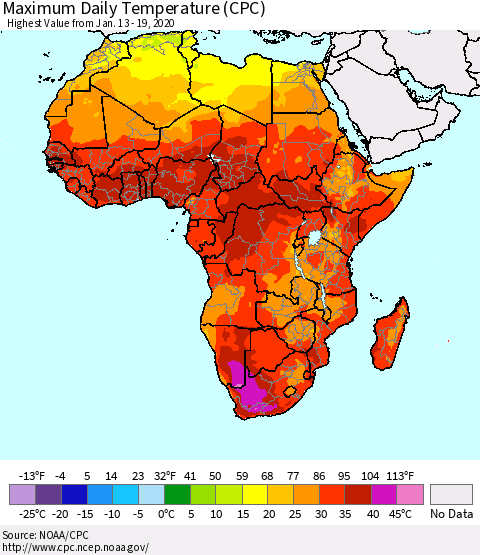 Africa Maximum Daily Temperature (CPC) Thematic Map For 1/13/2020 - 1/19/2020