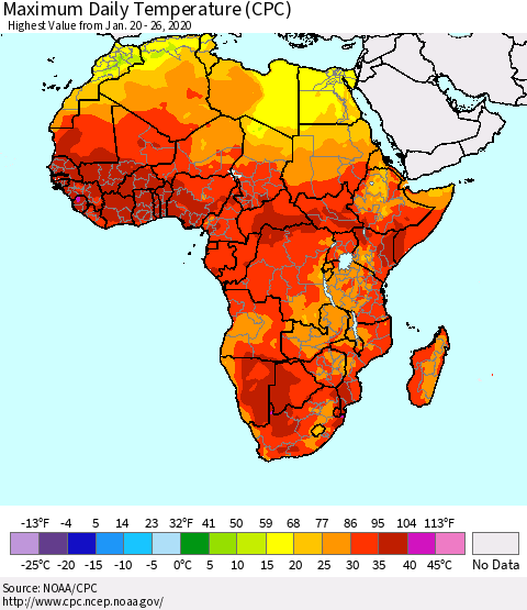 Africa Maximum Daily Temperature (CPC) Thematic Map For 1/20/2020 - 1/26/2020