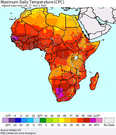 Africa Maximum Daily Temperature (CPC) Thematic Map For 1/27/2020 - 2/2/2020