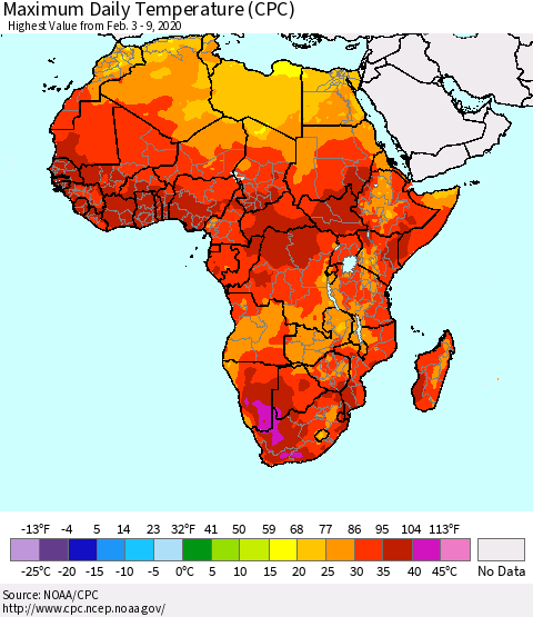 Africa Maximum Daily Temperature (CPC) Thematic Map For 2/3/2020 - 2/9/2020