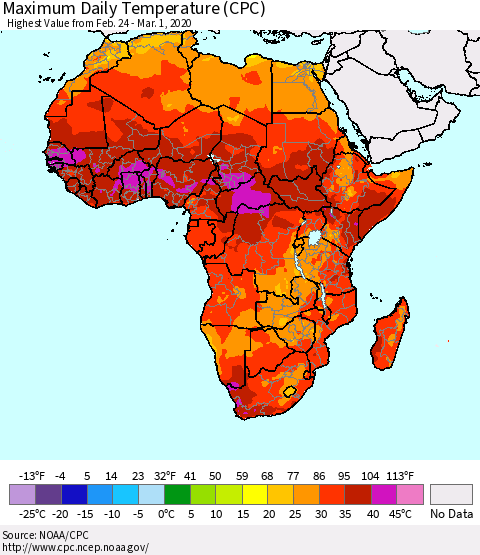 Africa Maximum Daily Temperature (CPC) Thematic Map For 2/24/2020 - 3/1/2020
