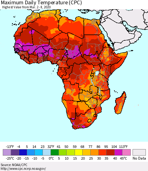 Africa Maximum Daily Temperature (CPC) Thematic Map For 3/2/2020 - 3/8/2020