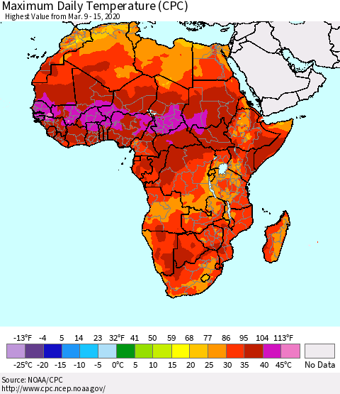 Africa Maximum Daily Temperature (CPC) Thematic Map For 3/9/2020 - 3/15/2020