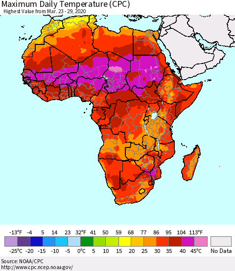 Africa Maximum Daily Temperature (CPC) Thematic Map For 3/23/2020 - 3/29/2020