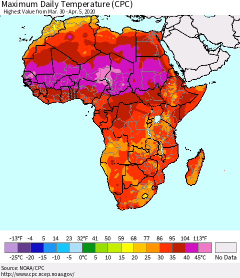 Africa Maximum Daily Temperature (CPC) Thematic Map For 3/30/2020 - 4/5/2020