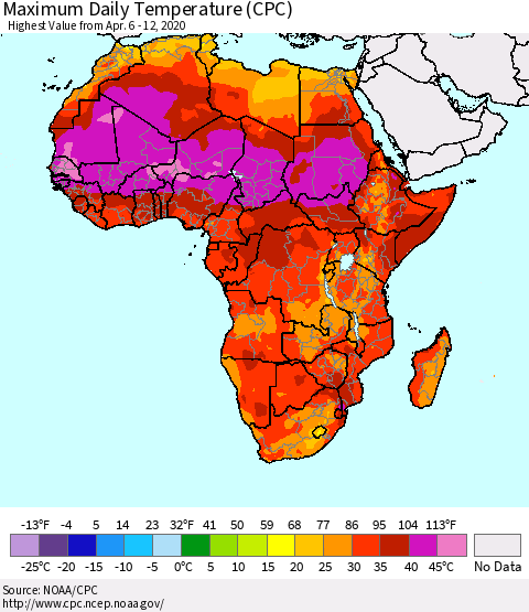 Africa Maximum Daily Temperature (CPC) Thematic Map For 4/6/2020 - 4/12/2020