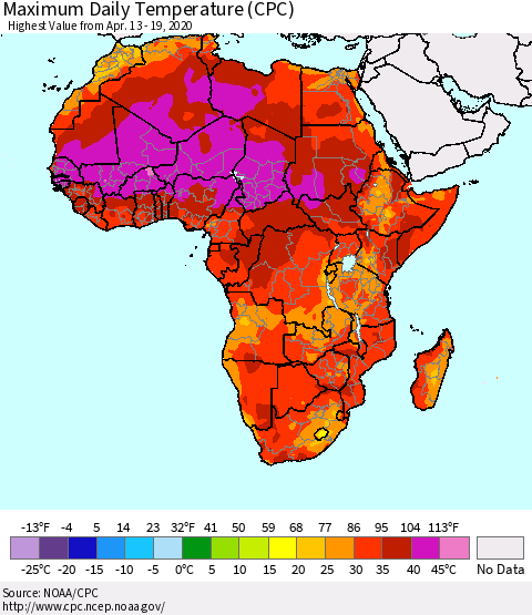 Africa Maximum Daily Temperature (CPC) Thematic Map For 4/13/2020 - 4/19/2020