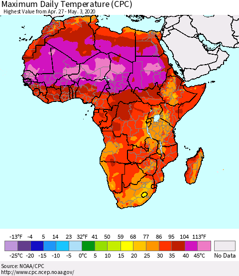 Africa Maximum Daily Temperature (CPC) Thematic Map For 4/27/2020 - 5/3/2020