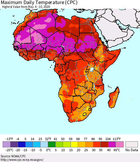 Africa Maximum Daily Temperature (CPC) Thematic Map For 5/4/2020 - 5/10/2020