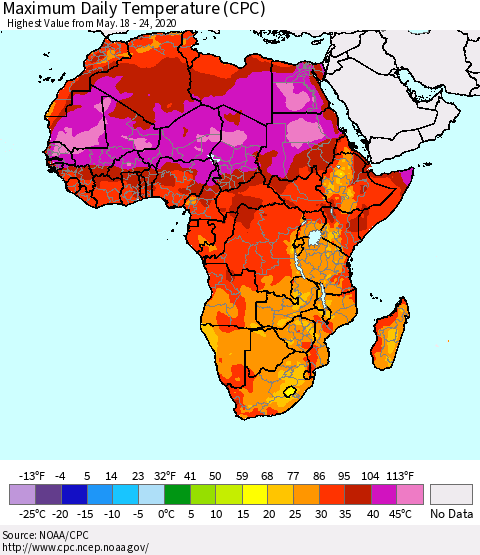 Africa Maximum Daily Temperature (CPC) Thematic Map For 5/18/2020 - 5/24/2020
