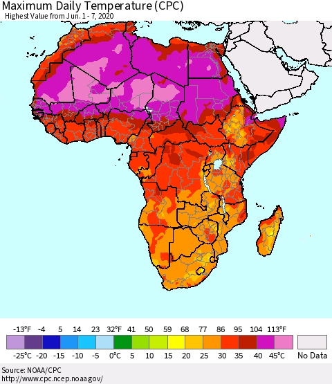Africa Maximum Daily Temperature (CPC) Thematic Map For 6/1/2020 - 6/7/2020
