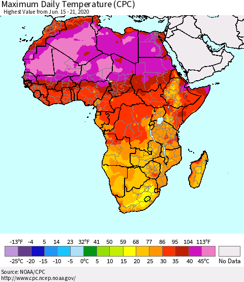 Africa Maximum Daily Temperature (CPC) Thematic Map For 6/15/2020 - 6/21/2020