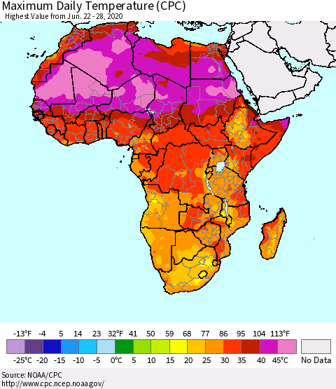 Africa Maximum Daily Temperature (CPC) Thematic Map For 6/22/2020 - 6/28/2020