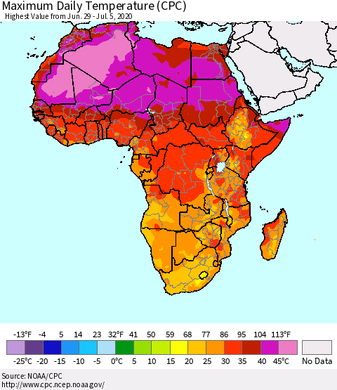 Africa Maximum Daily Temperature (CPC) Thematic Map For 6/29/2020 - 7/5/2020