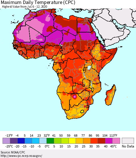 Africa Maximum Daily Temperature (CPC) Thematic Map For 7/6/2020 - 7/12/2020