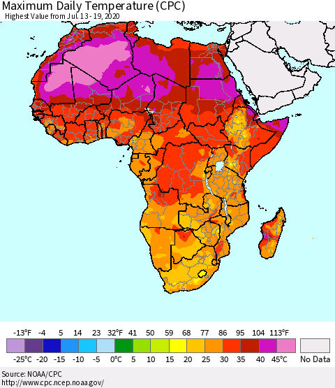 Africa Maximum Daily Temperature (CPC) Thematic Map For 7/13/2020 - 7/19/2020