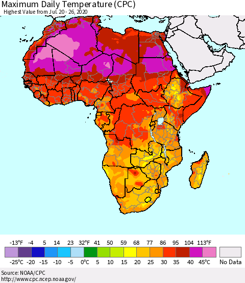 Africa Maximum Daily Temperature (CPC) Thematic Map For 7/20/2020 - 7/26/2020