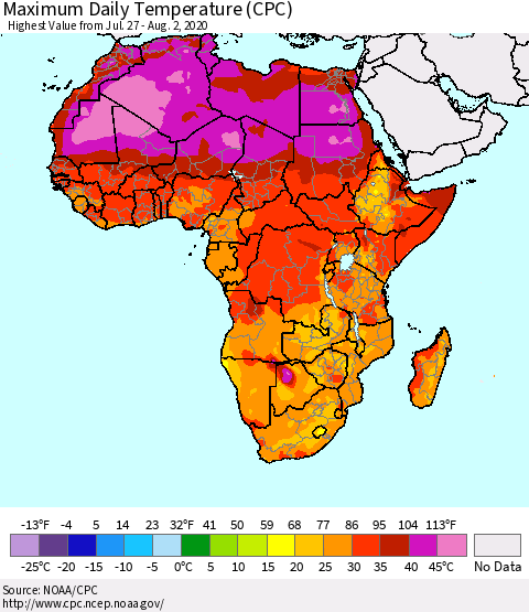 Africa Maximum Daily Temperature (CPC) Thematic Map For 7/27/2020 - 8/2/2020