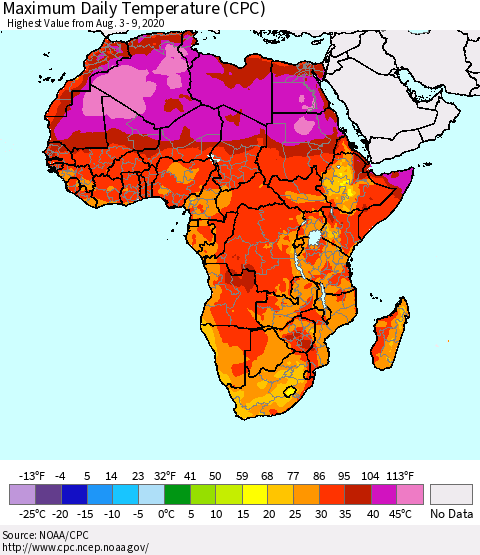 Africa Maximum Daily Temperature (CPC) Thematic Map For 8/3/2020 - 8/9/2020