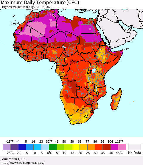 Africa Maximum Daily Temperature (CPC) Thematic Map For 8/10/2020 - 8/16/2020