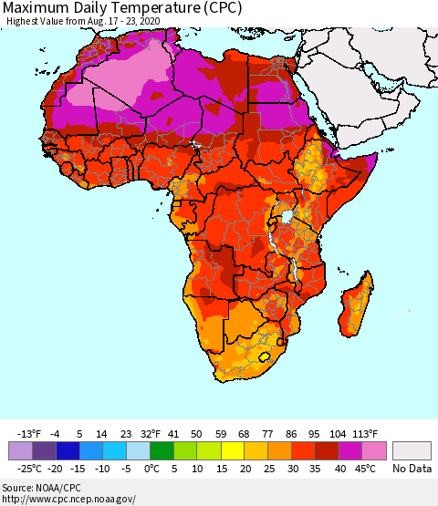 Africa Maximum Daily Temperature (CPC) Thematic Map For 8/17/2020 - 8/23/2020