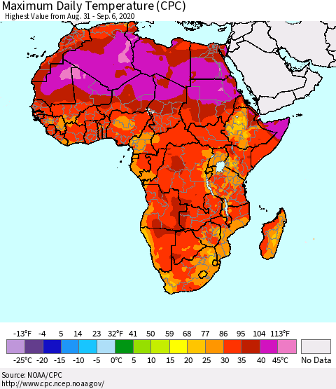 Africa Maximum Daily Temperature (CPC) Thematic Map For 8/31/2020 - 9/6/2020