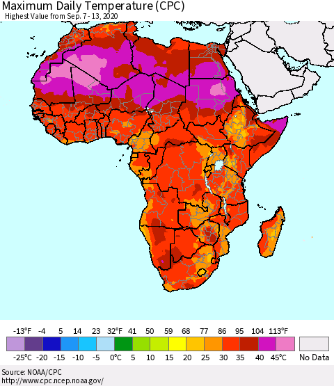 Africa Maximum Daily Temperature (CPC) Thematic Map For 9/7/2020 - 9/13/2020