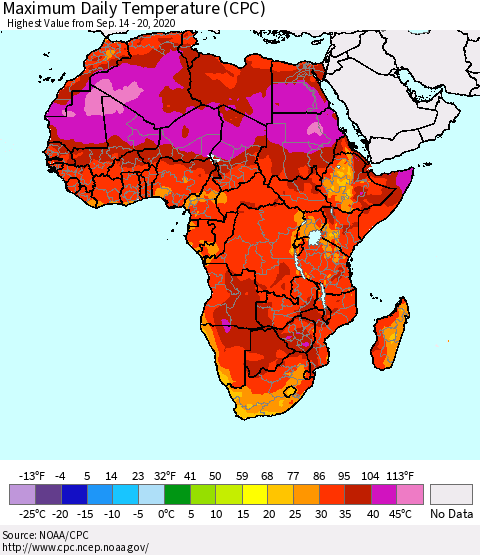 Africa Maximum Daily Temperature (CPC) Thematic Map For 9/14/2020 - 9/20/2020