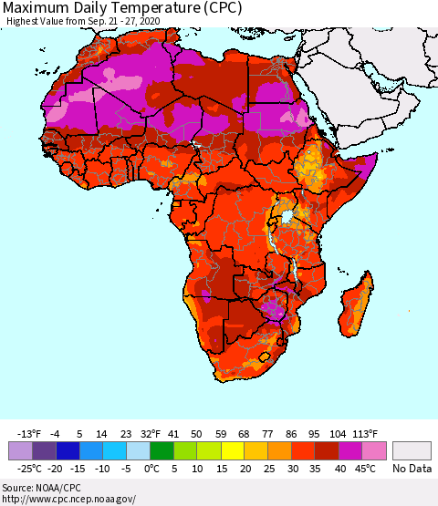 Africa Maximum Daily Temperature (CPC) Thematic Map For 9/21/2020 - 9/27/2020