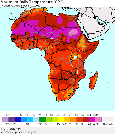 Africa Maximum Daily Temperature (CPC) Thematic Map For 10/5/2020 - 10/11/2020