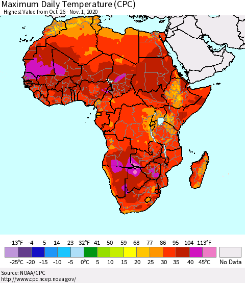 Africa Maximum Daily Temperature (CPC) Thematic Map For 10/26/2020 - 11/1/2020