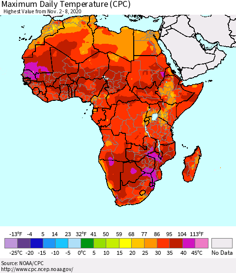 Africa Maximum Daily Temperature (CPC) Thematic Map For 11/2/2020 - 11/8/2020