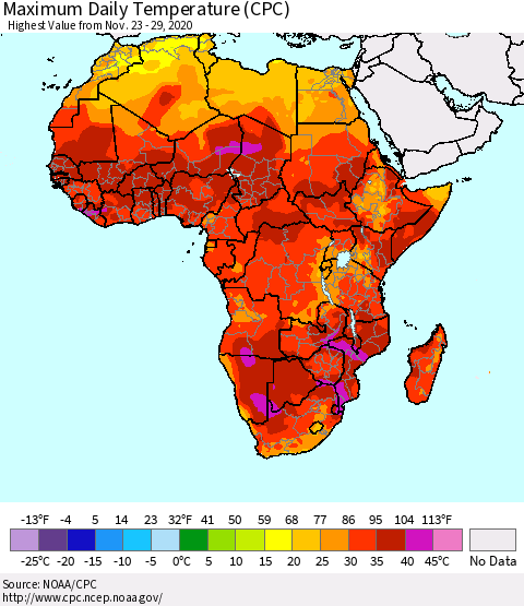 Africa Maximum Daily Temperature (CPC) Thematic Map For 11/23/2020 - 11/29/2020
