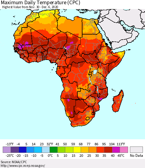 Africa Maximum Daily Temperature (CPC) Thematic Map For 11/30/2020 - 12/6/2020