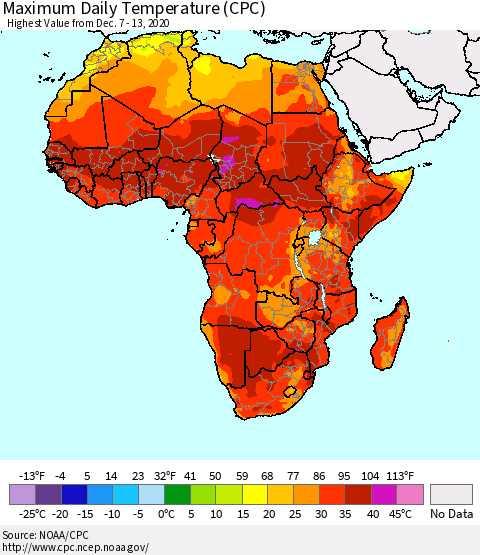 Africa Maximum Daily Temperature (CPC) Thematic Map For 12/7/2020 - 12/13/2020