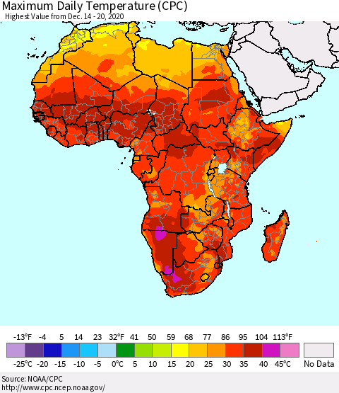 Africa Maximum Daily Temperature (CPC) Thematic Map For 12/14/2020 - 12/20/2020