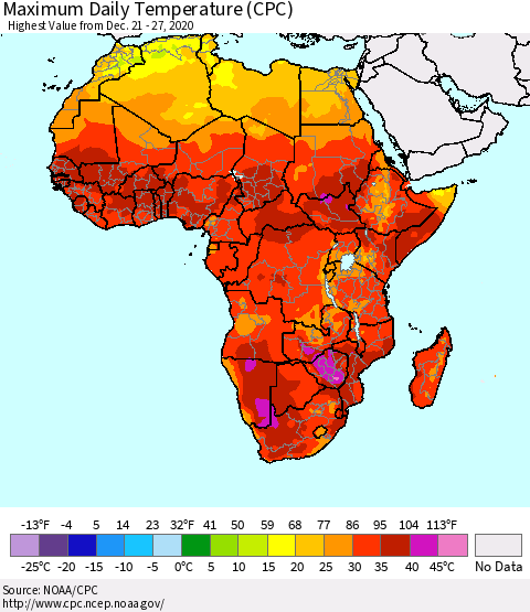 Africa Maximum Daily Temperature (CPC) Thematic Map For 12/21/2020 - 12/27/2020