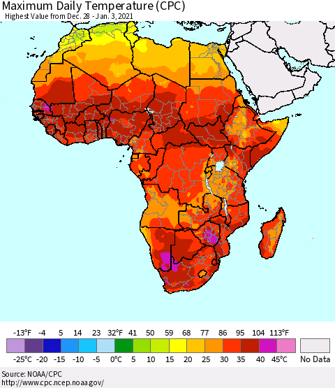 Africa Maximum Daily Temperature (CPC) Thematic Map For 12/28/2020 - 1/3/2021