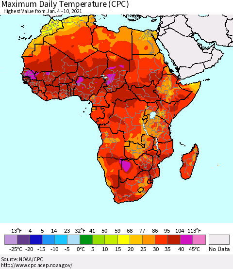 Africa Maximum Daily Temperature (CPC) Thematic Map For 1/4/2021 - 1/10/2021