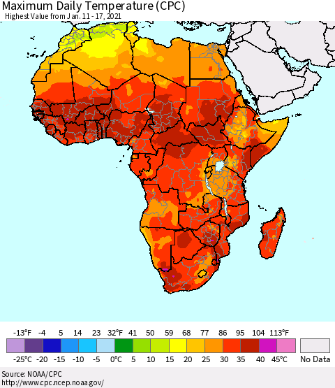 Africa Maximum Daily Temperature (CPC) Thematic Map For 1/11/2021 - 1/17/2021