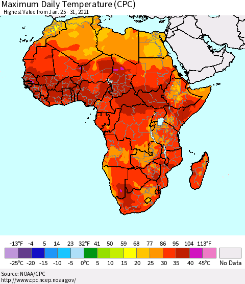 Africa Maximum Daily Temperature (CPC) Thematic Map For 1/25/2021 - 1/31/2021